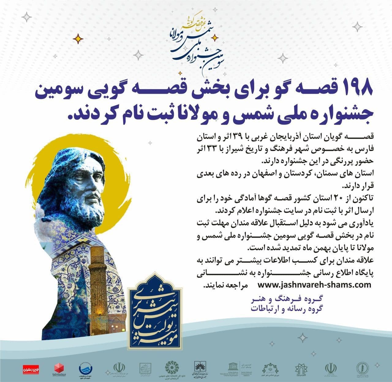 198 قصه گو برای بخش قصه گویی سومین جشنواره ملی شمس و مولانا ثبت نام کردند.